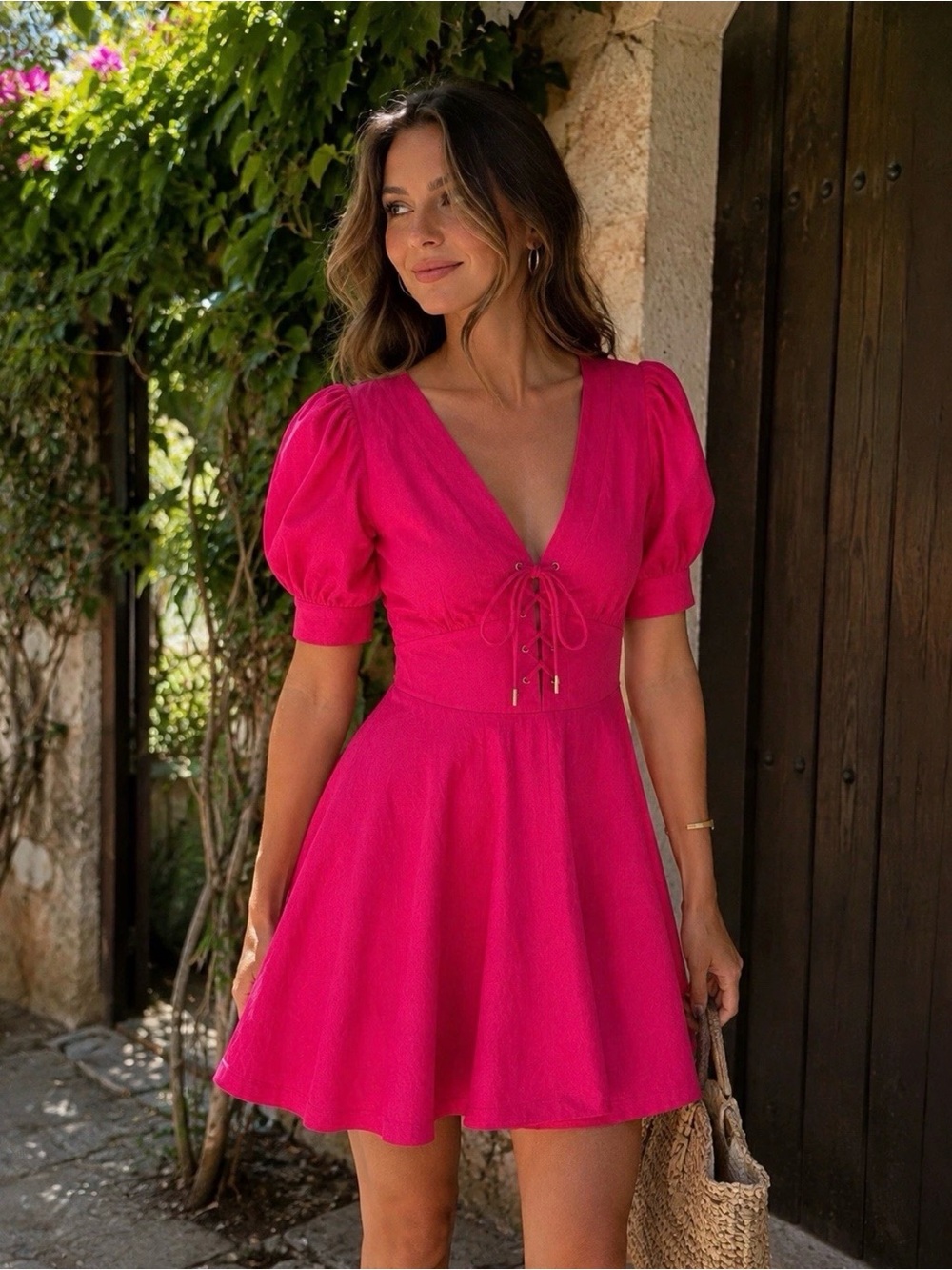 House of Harlow 1960 Hot Pink Linen Mini Dress • Size 6 • Corset Lace‑Up Front